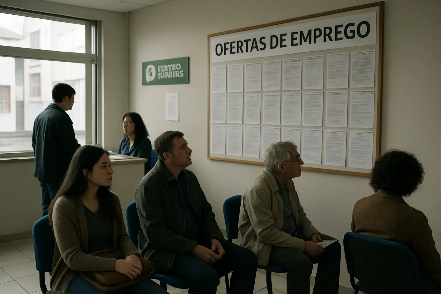 Centro de emprego ilustrando a procura de trabalho e o mercado laboral