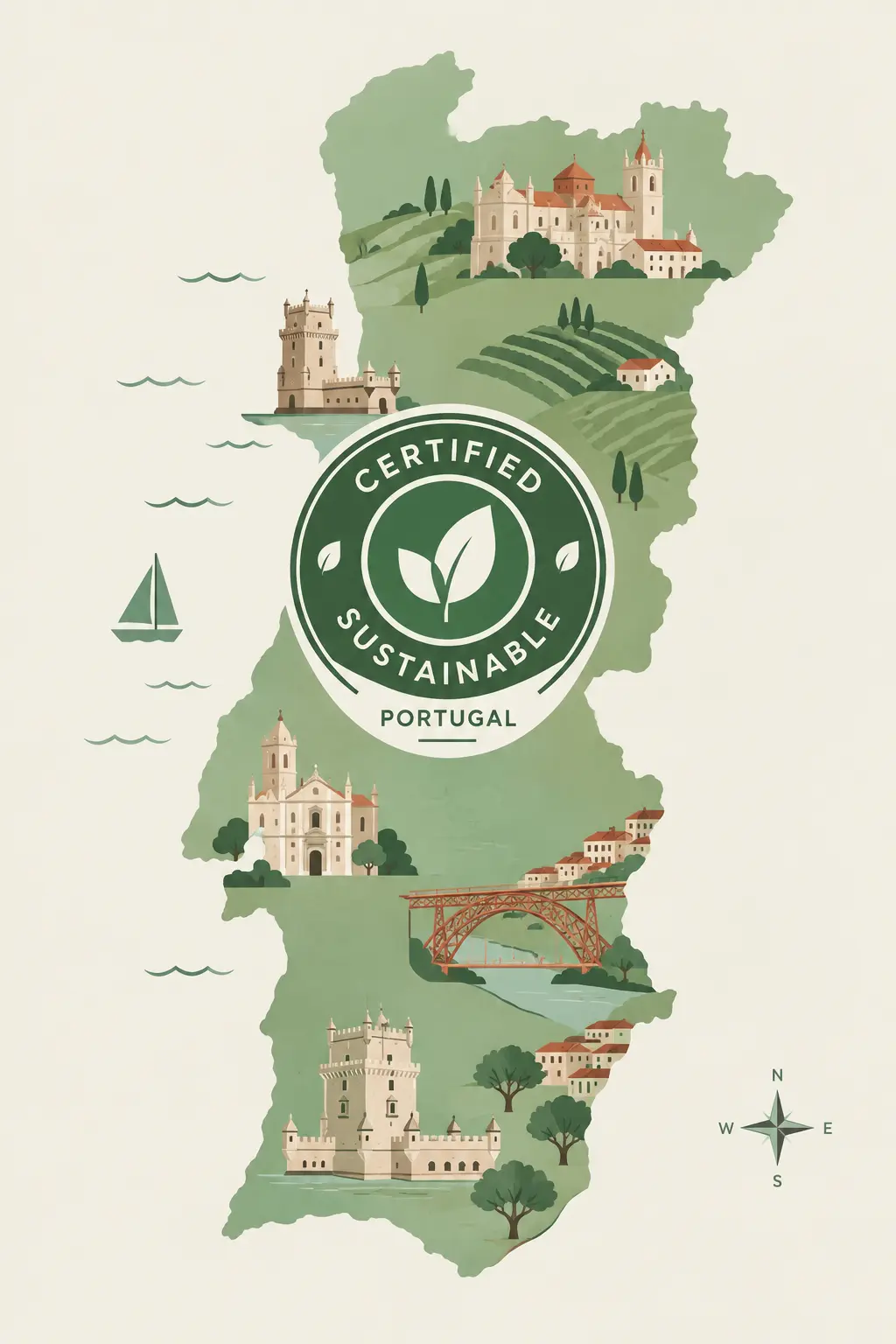 Selo de certificação de sustentabilidade turística sobre um mapa de Portugal