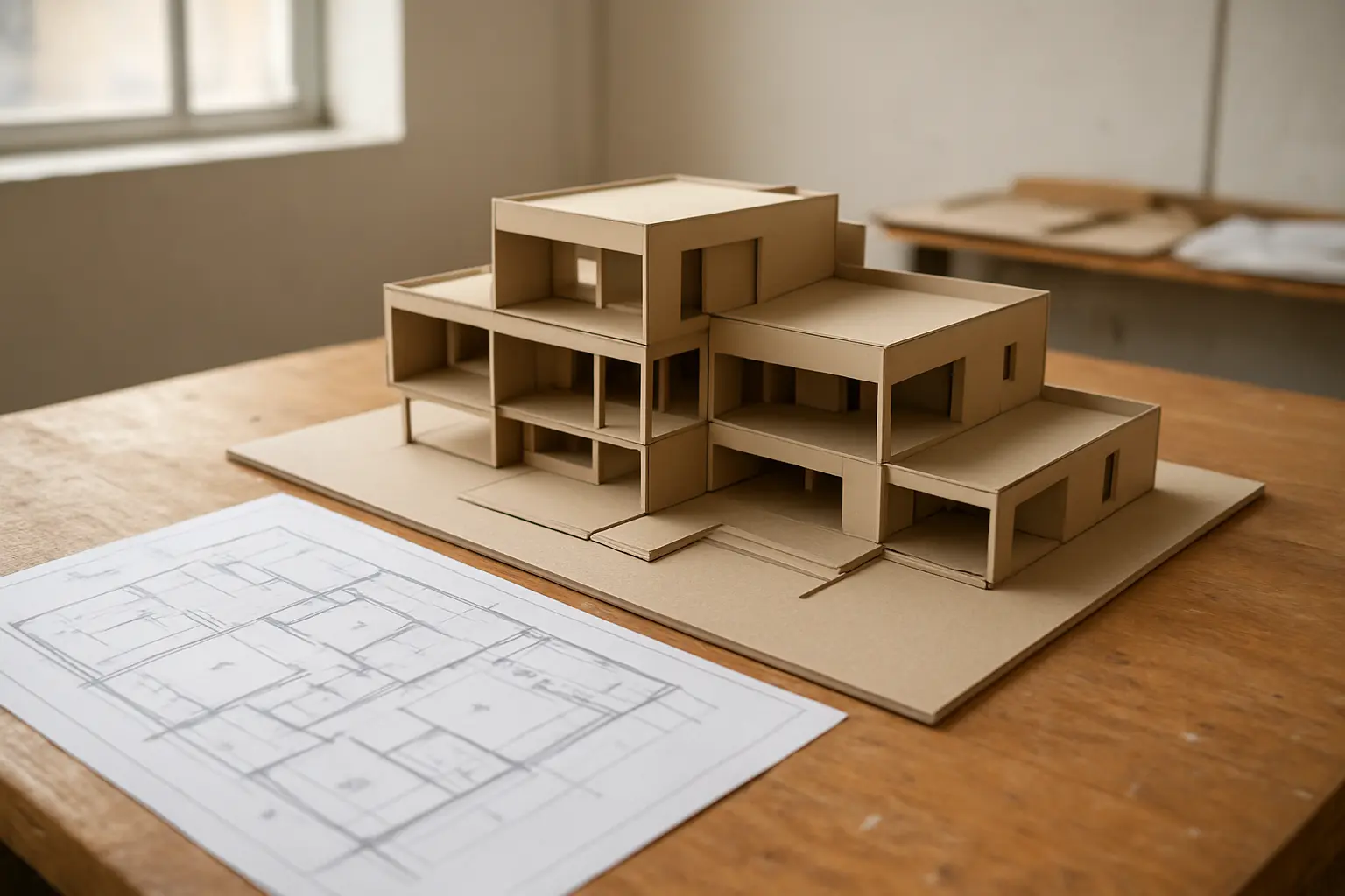 Maqueta arquitetónica física sobre uma mesa de trabalho com plantas técnicas ao lado