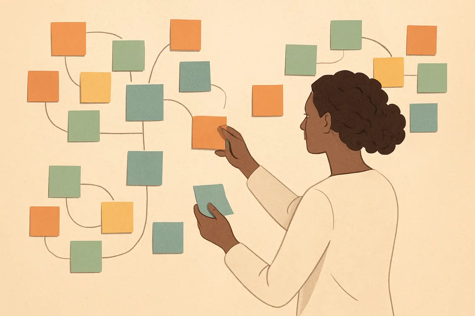 Investigador a organizar notas temáticas coloridas numa parede, representando a codificação de dados qualitativos