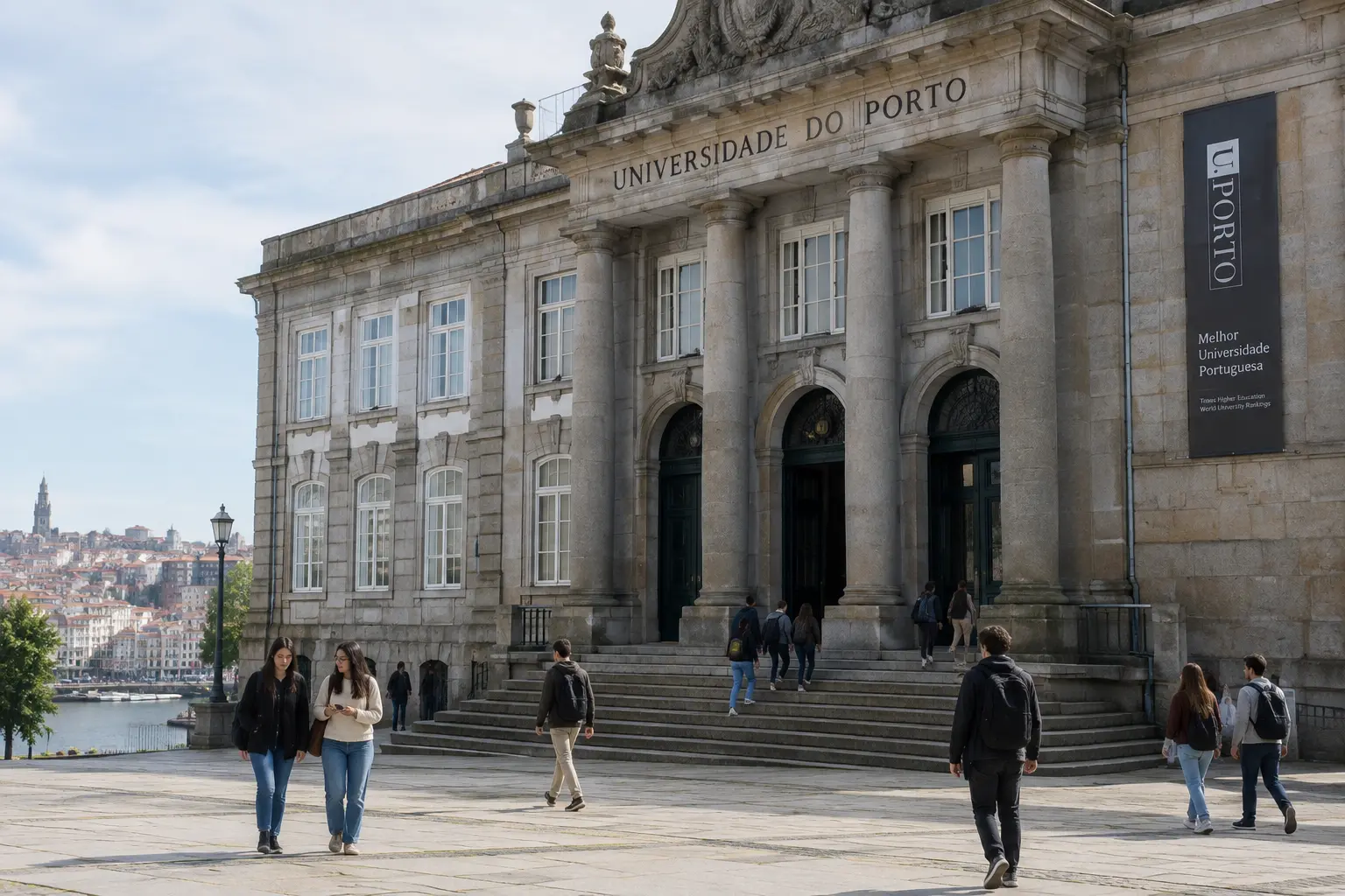 Edifício histórico da Universidade do Porto com estudantes em frente
