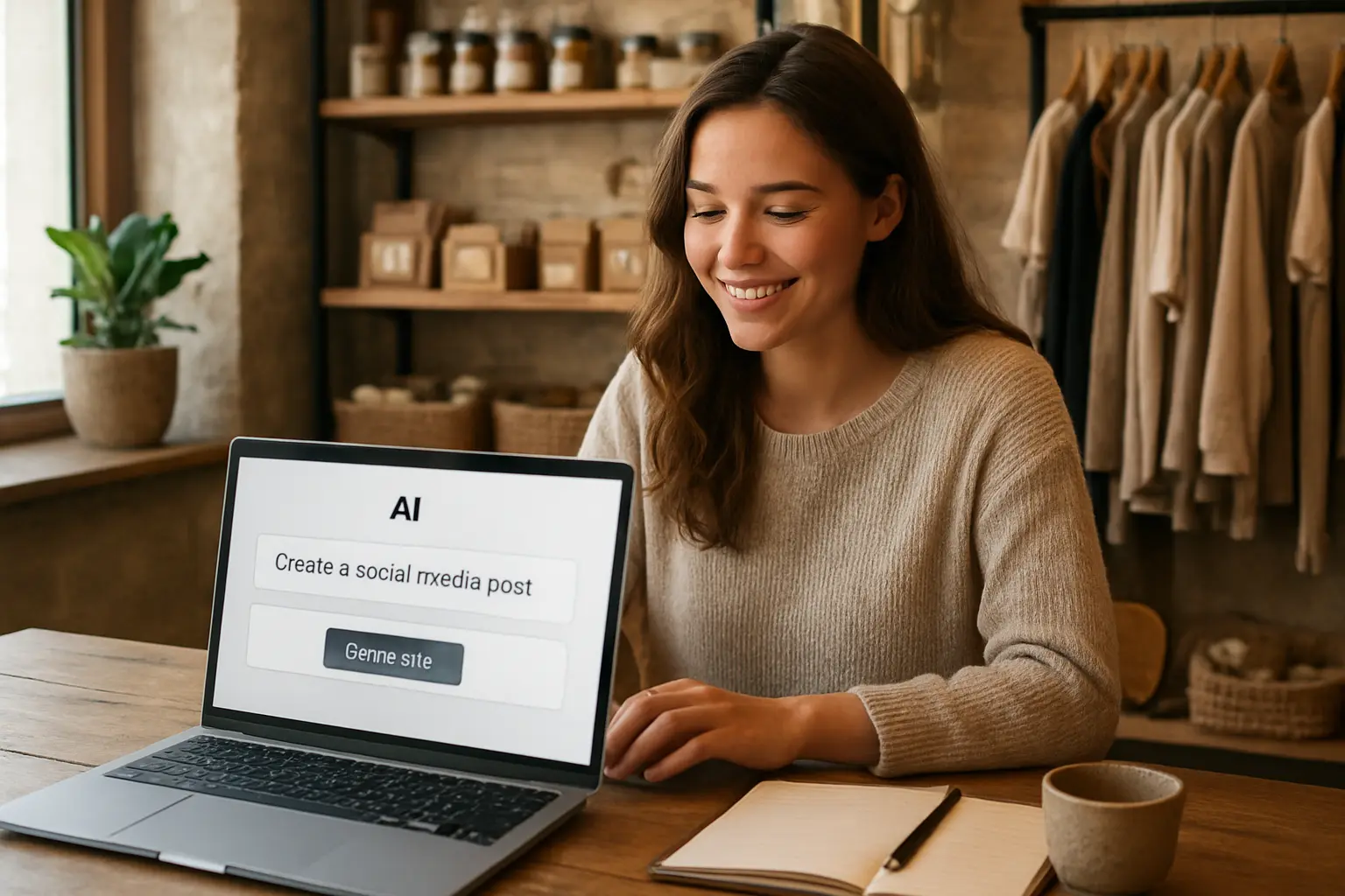 Dono de pequena empresa a usar ferramentas de inteligência artificial para criar conteúdo de marketing