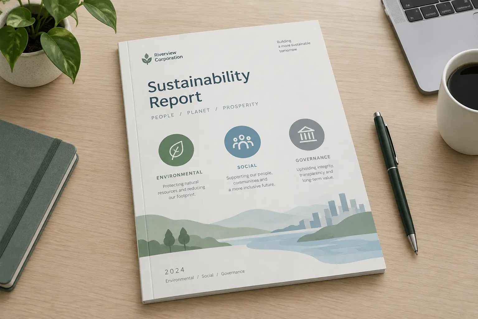 Relatório de sustentabilidade corporativa com ícones representando os pilares ambiental, social e de governação