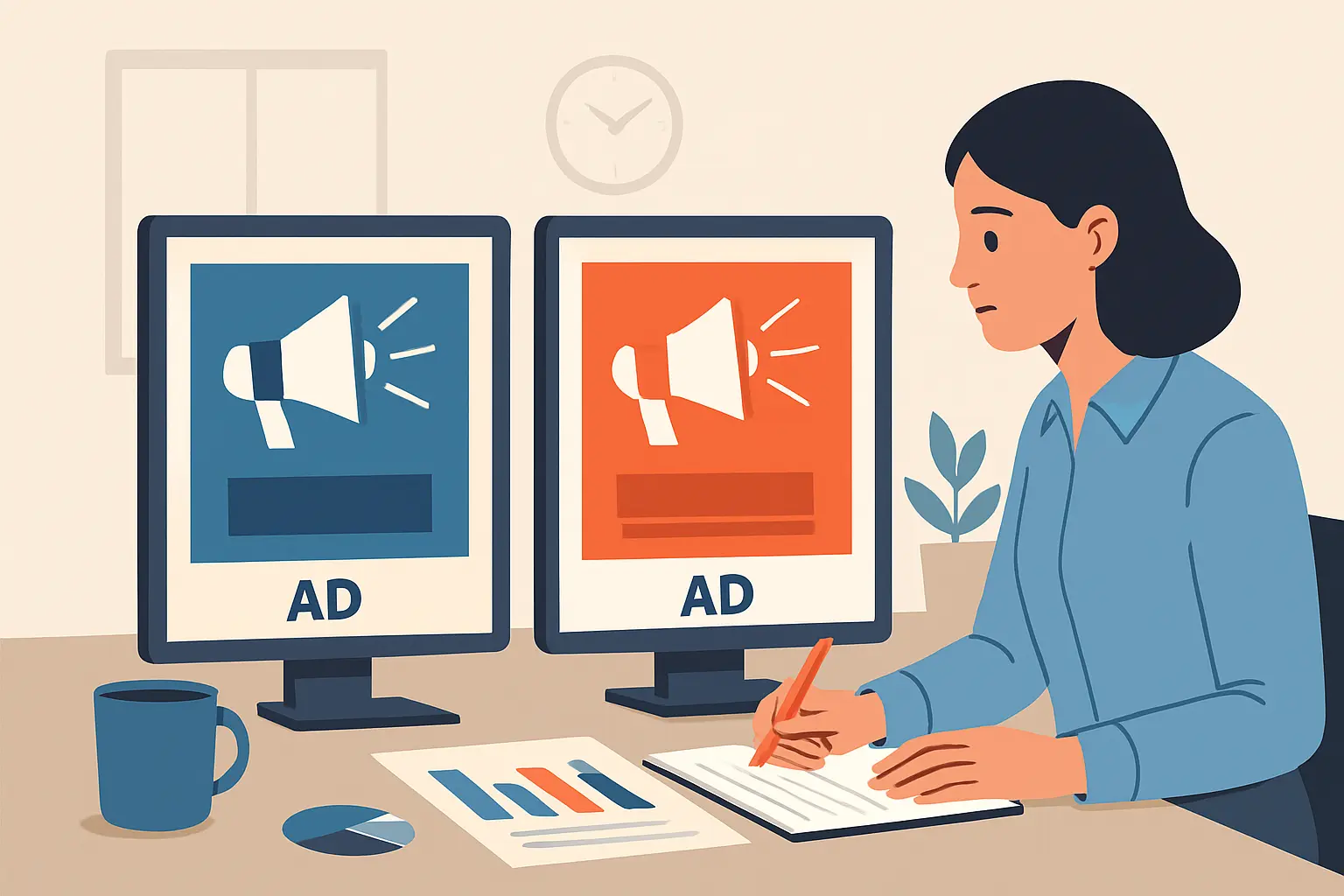 Investigador de marketing a comparar anúncios gerados por inteligência artificial e anúncios humanos