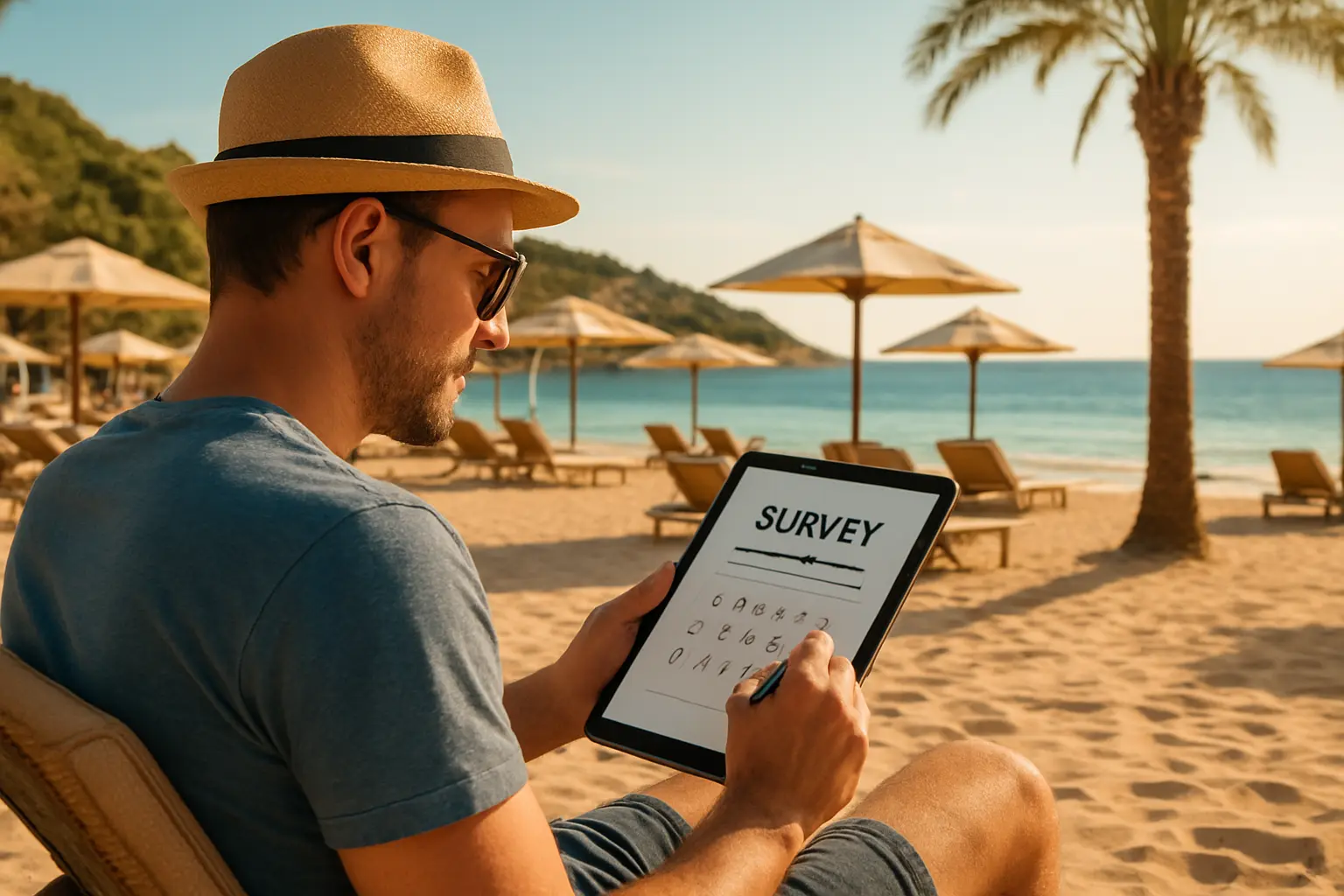 Turista a preencher um inquérito de satisfação num tablet numa esplanada de resort de sol e mar