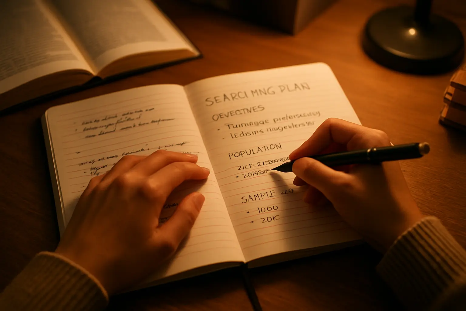 Pessoa a escrever notas num caderno junto a um portátil, a planear os critérios de amostra de uma tese