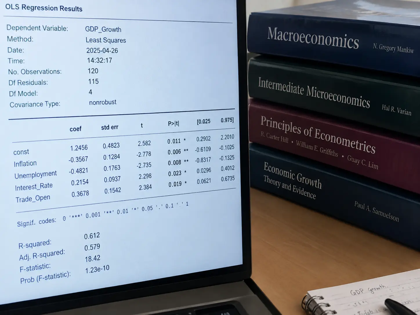 Tabela de resultados de regressão com coeficientes e níveis de significância num ecrã de computador
