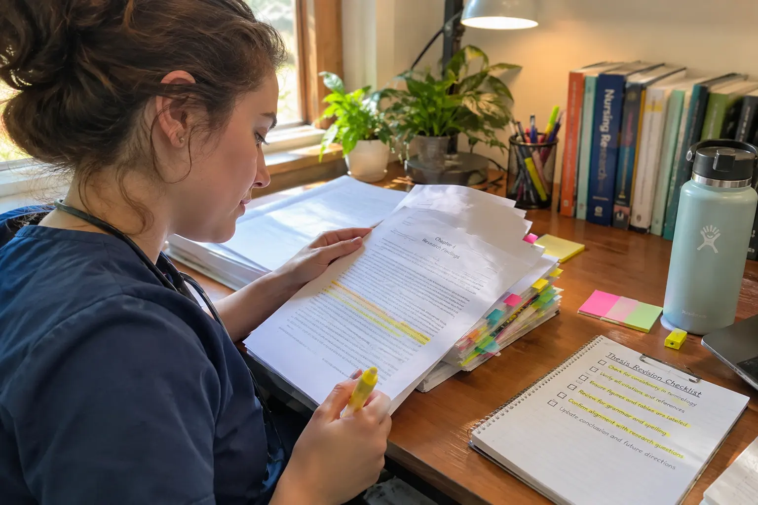 Estudante de enfermagem revisando a checklist de erros comuns antes de entregar o TCC