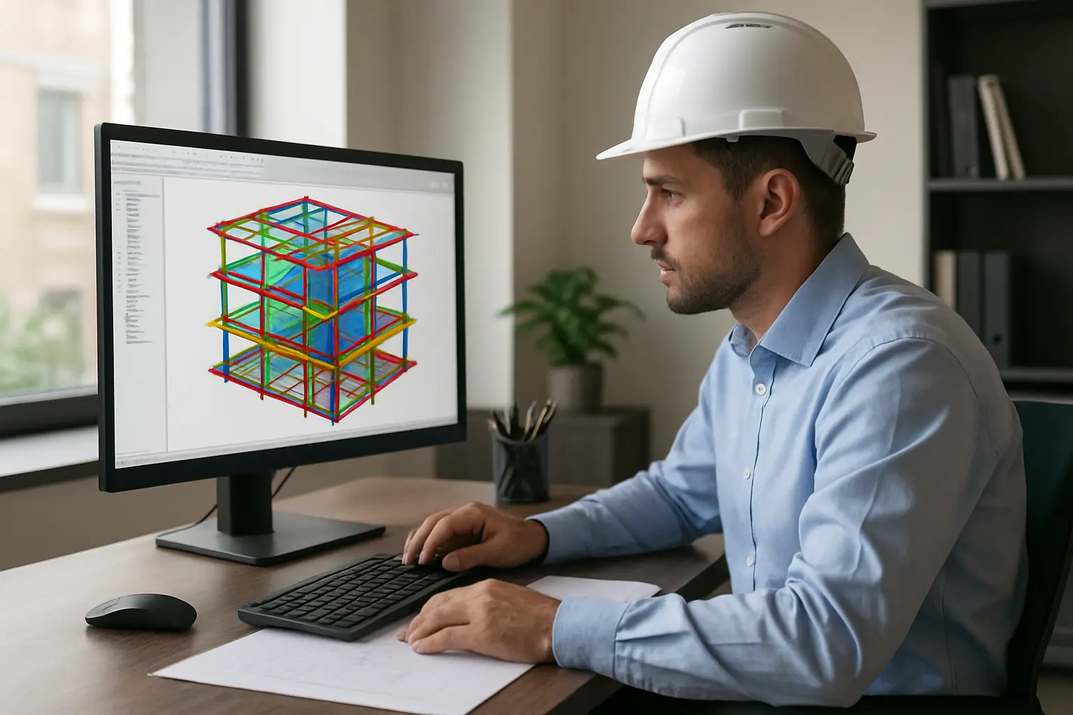 Engenheiro civil a analisar um modelo estrutural num ecrã de computador