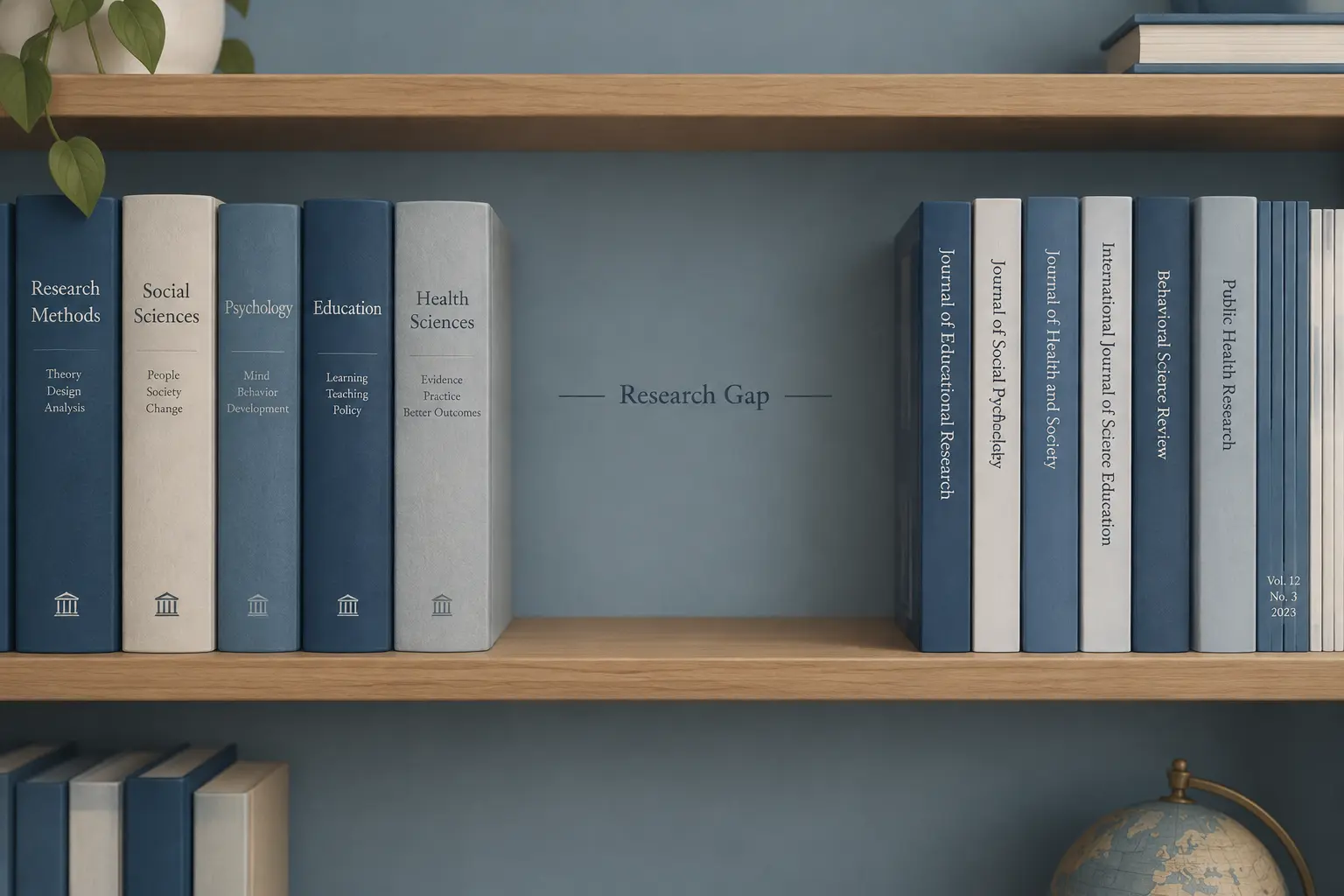 Livros e artigos científicos empilhados com um espaço em branco no meio representando uma lacuna na literatura
