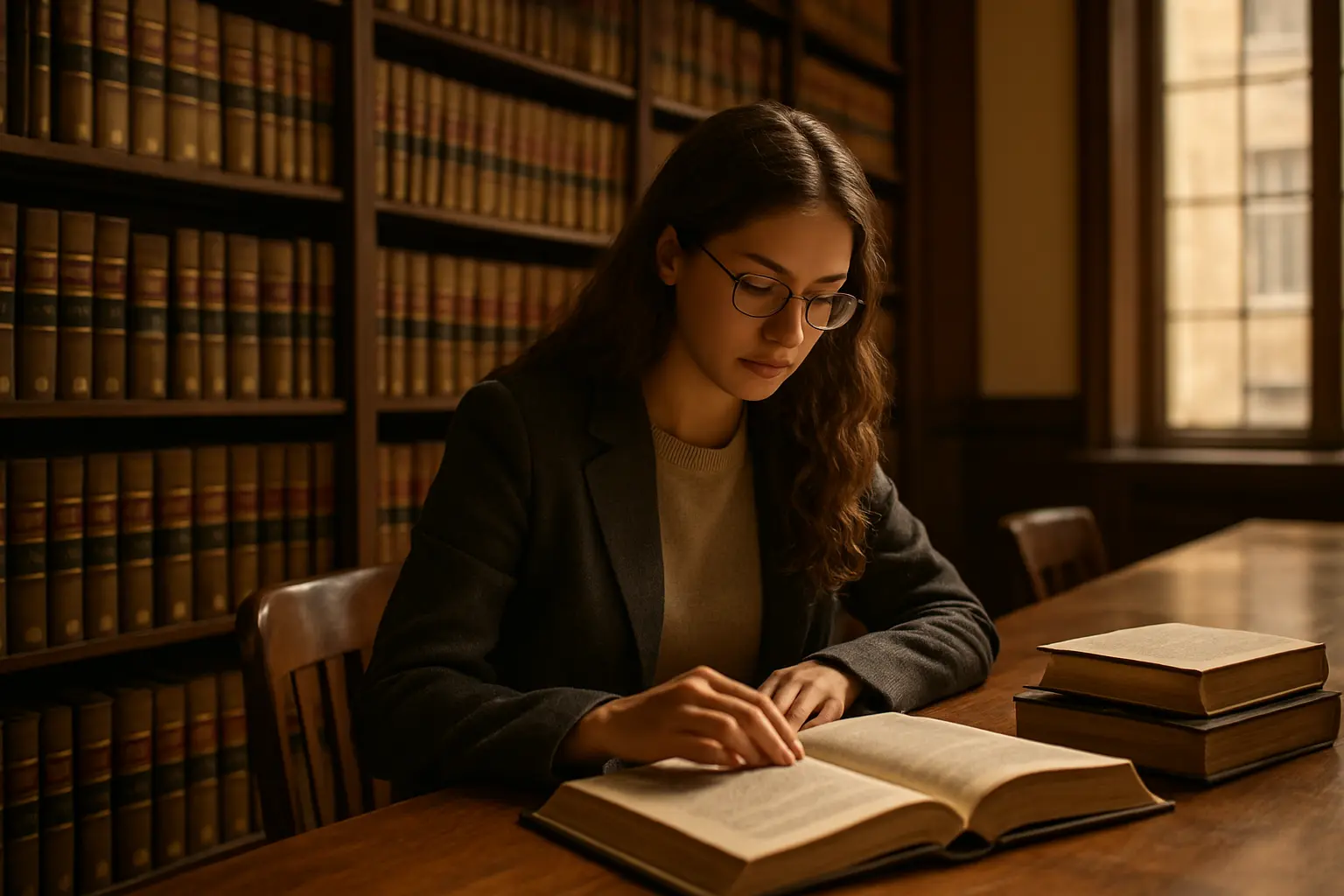 Estudante de direito a consultar códigos e acórdãos numa biblioteca jurídica