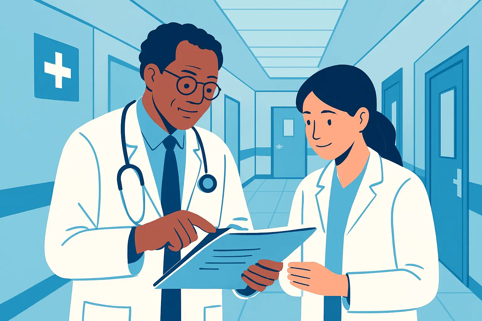 Médico a orientar um estudante enquanto revê processos clínicos num corredor de hospital