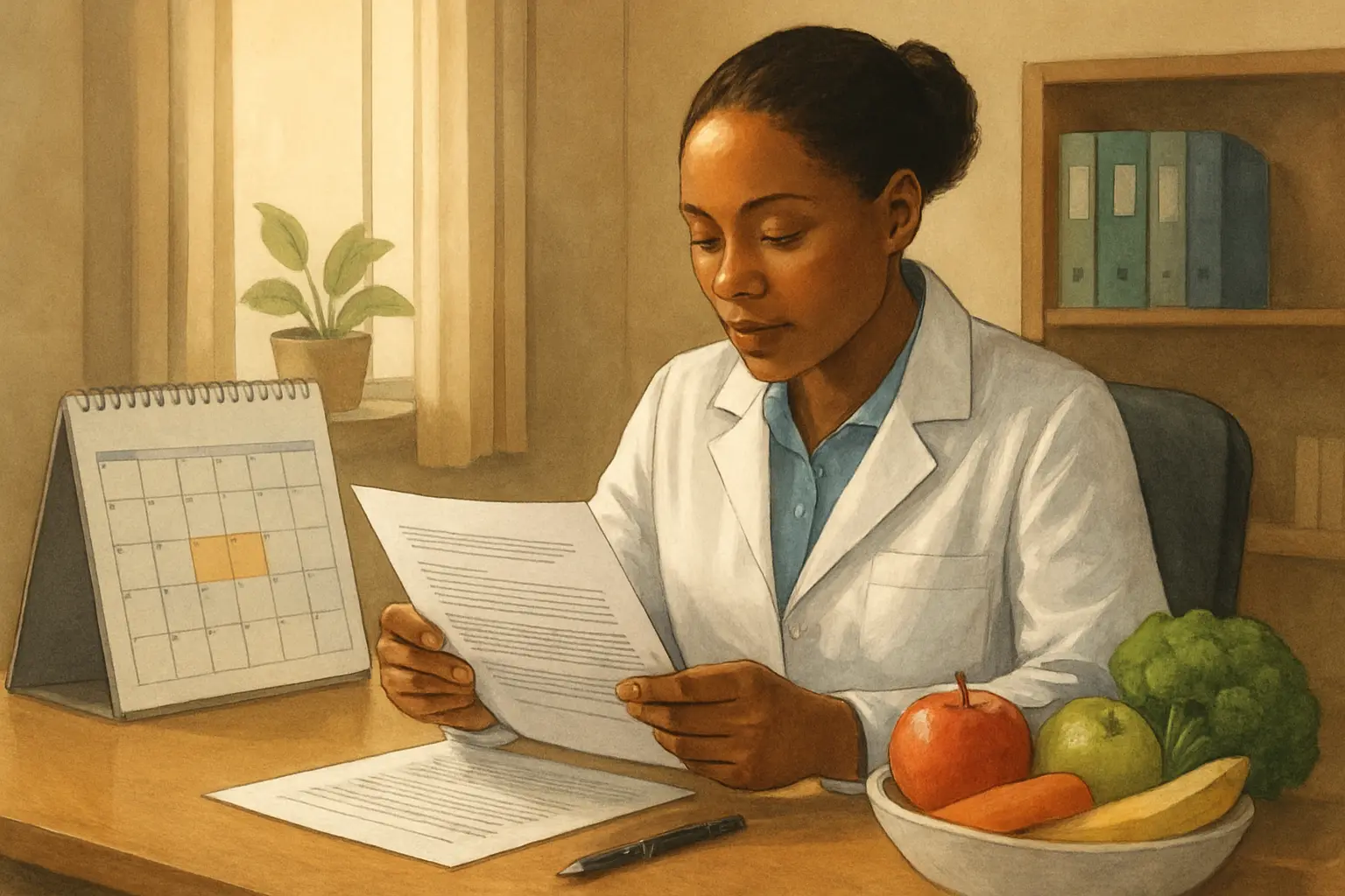 Investigadora de Nutrição a rever o cronograma de aprovação ética junto a um calendário