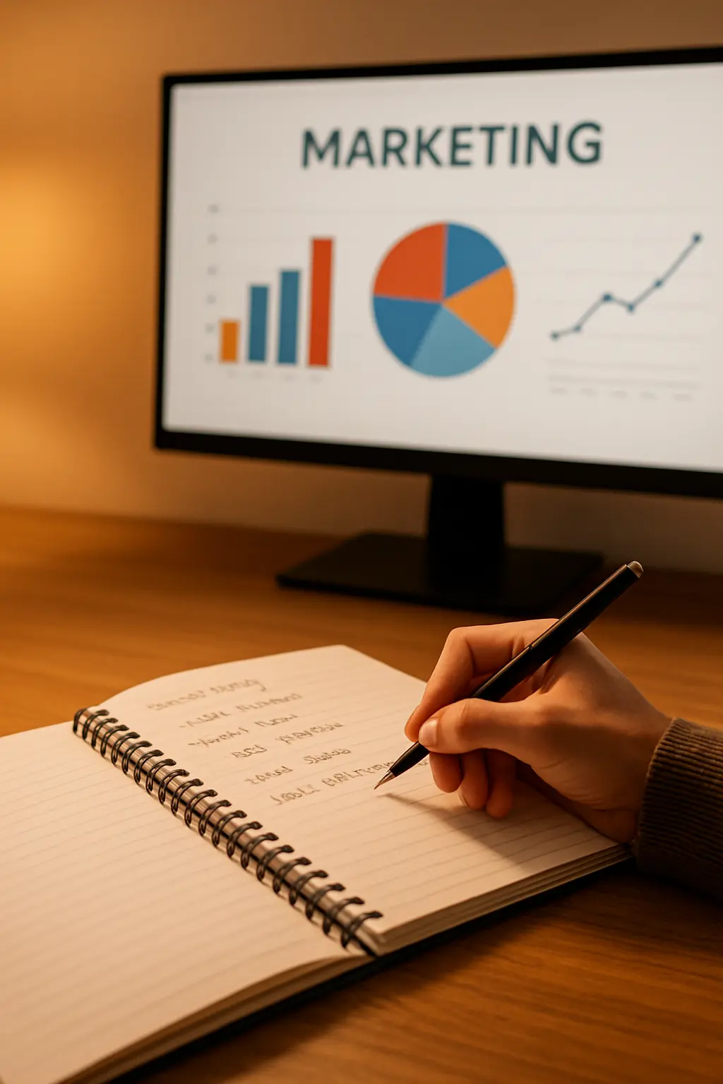 Pessoa a escrever anotações num caderno com gráficos de marketing num monitor ao fundo