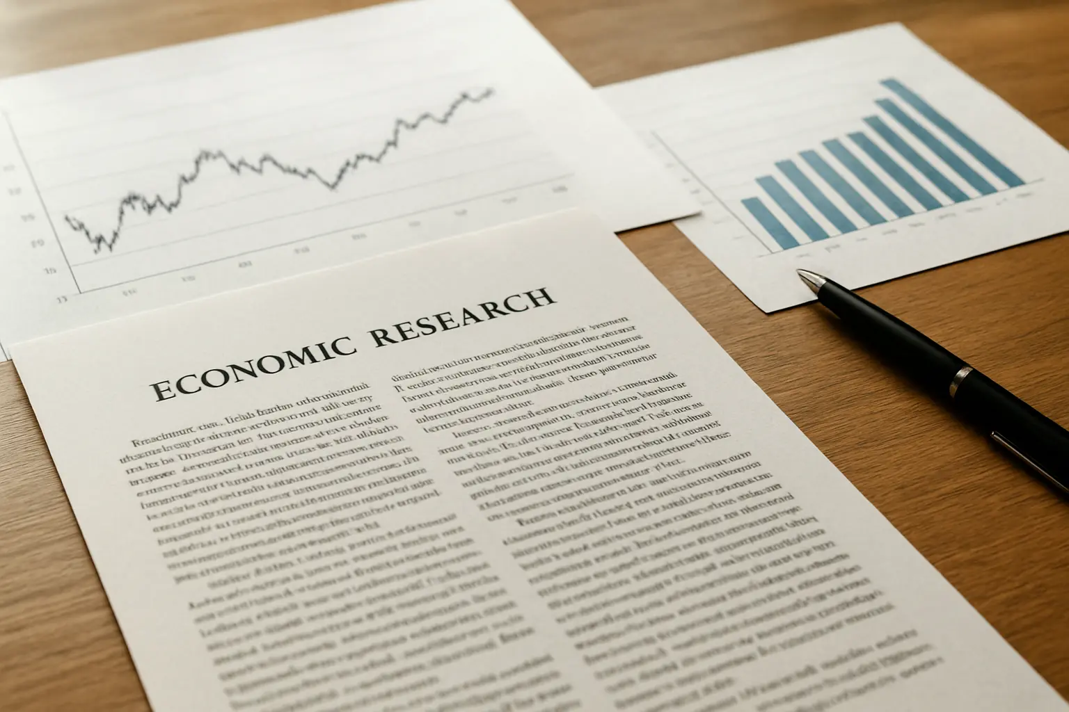 Gráficos económicos e relatório de dados sobre uma secretária de investigação