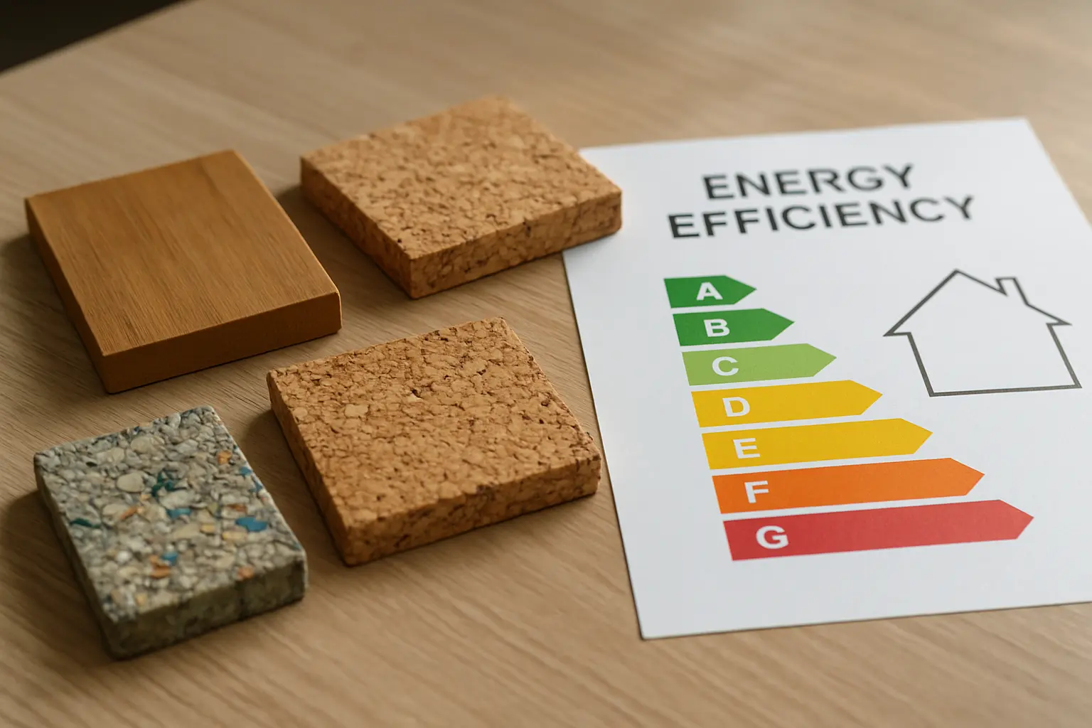 Amostras de materiais sustentáveis e diagrama de eficiência energética num atelier de arquitetura