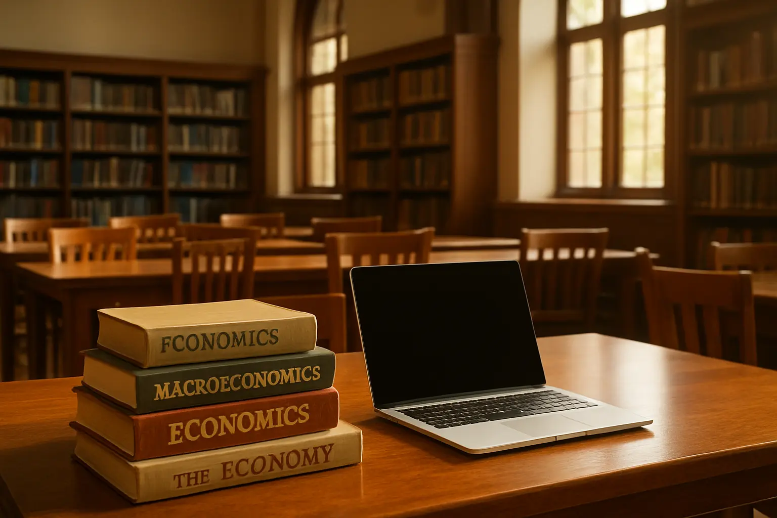 Sala de leitura universitária com livros de economia e um portátil sobre a mesa