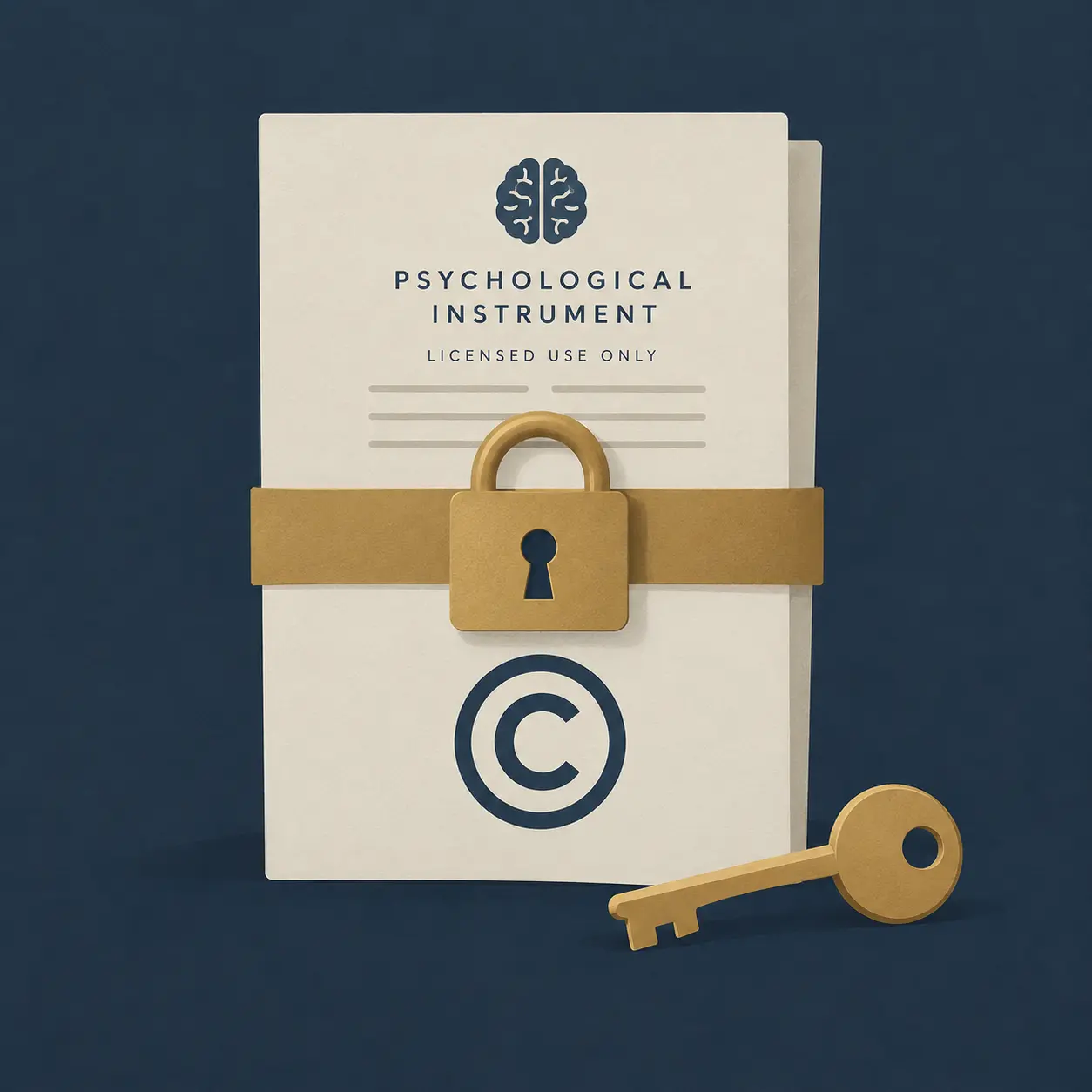 Documento fechado com um símbolo de direitos de autor e uma chave, representando um instrumento psicológico licenciado