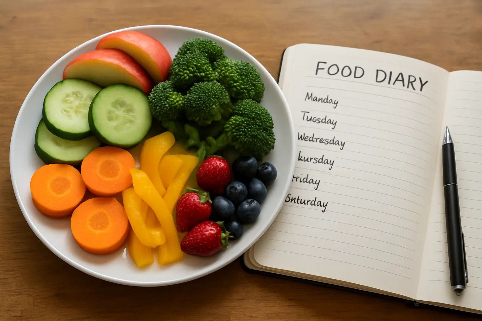 Prato equilibrado com fruta e vegetais ao lado de um caderno de registo alimentar