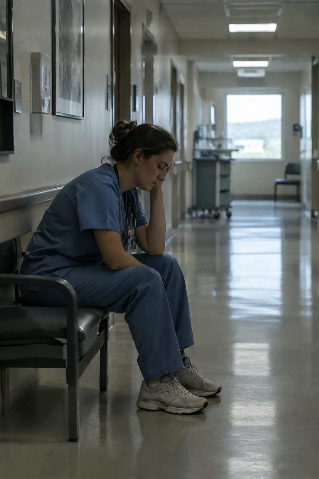 Enfermeira sentada sozinha num corredor hospitalar durante uma pausa, representando o burnout profissional