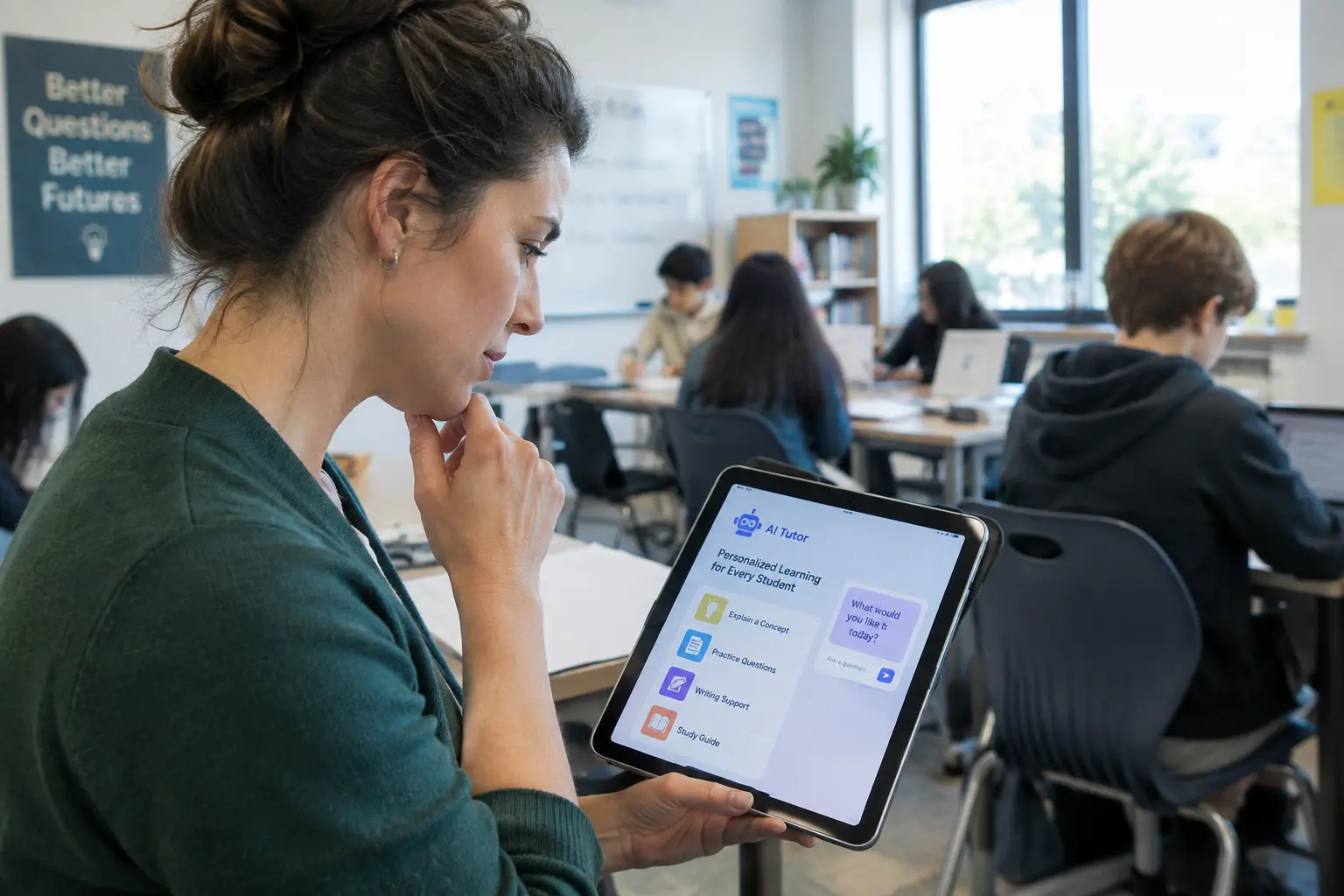 Professor a olhar pensativamente para um tablet com uma aplicação de inteligência artificial educativa numa sala de aula moderna