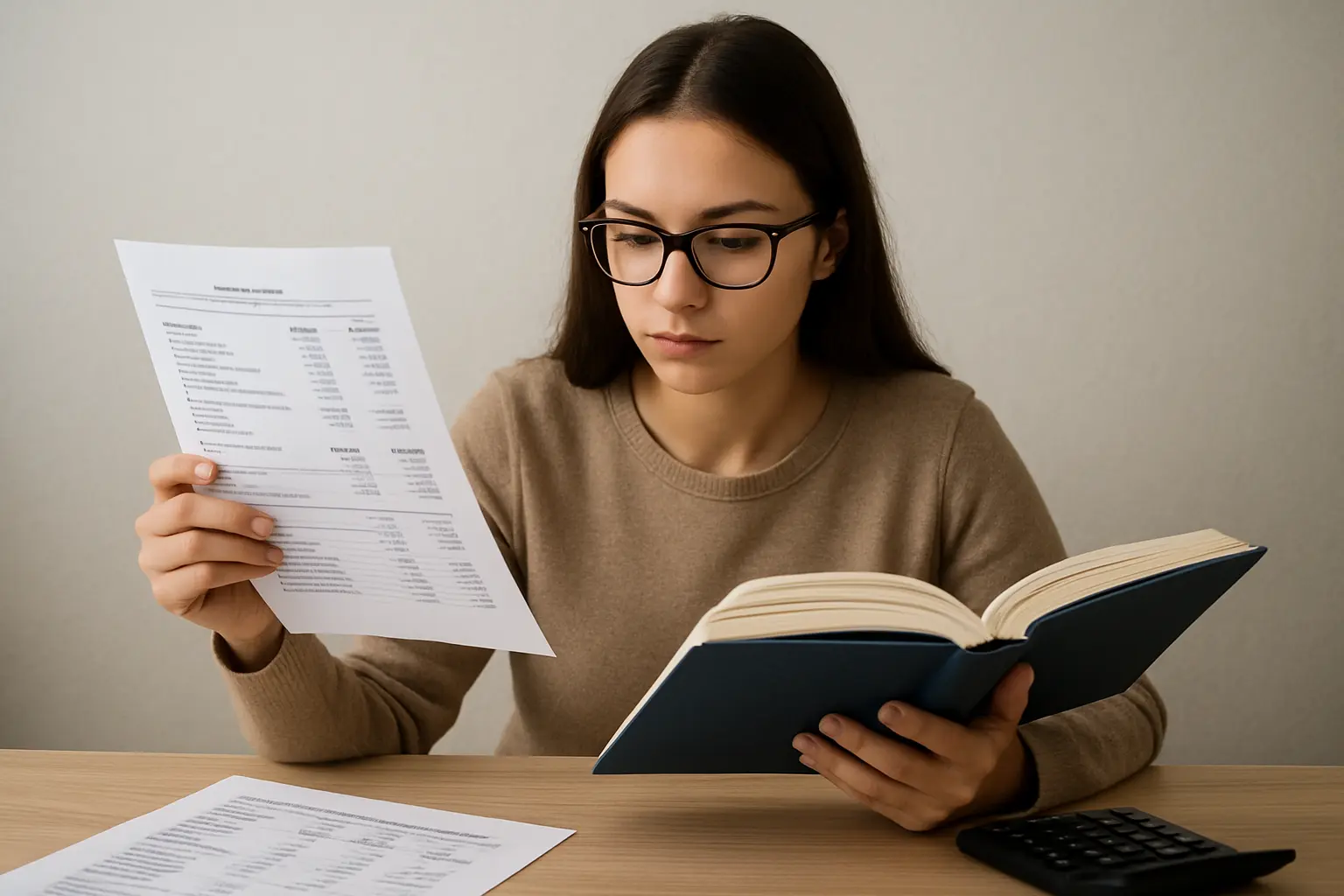 Estudante de Contabilidade a comparar demonstrações financeiras com um livro de normas contabilísticas