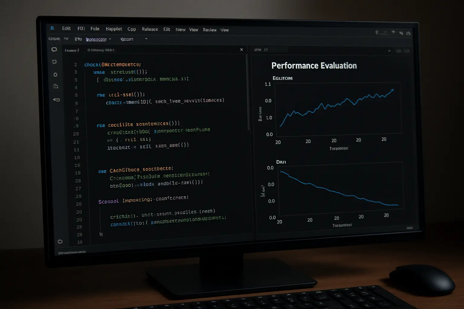 Ecrã de computador com código e gráficos de avaliação de desempenho de um sistema