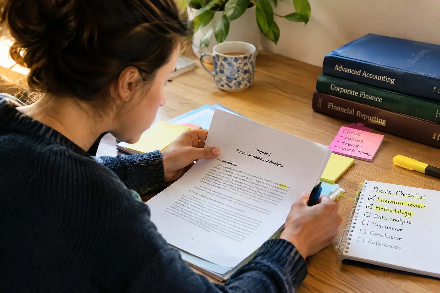 Estudante a rever a checklist de objeções do júri antes de entregar a tese de Contabilidade