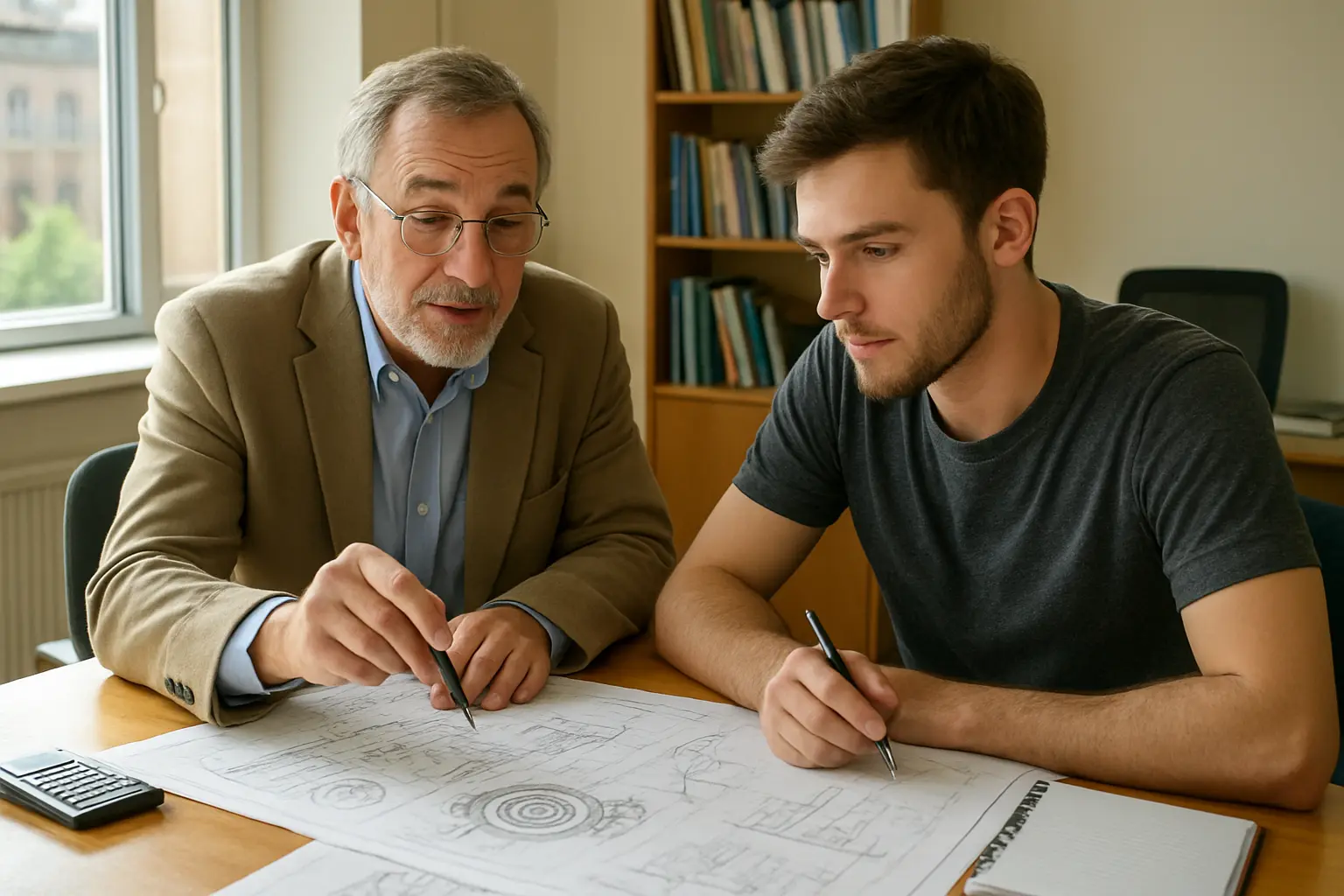 Professor e estudante de engenharia mecânica a discutir um tema de dissertação num gabinete universitário