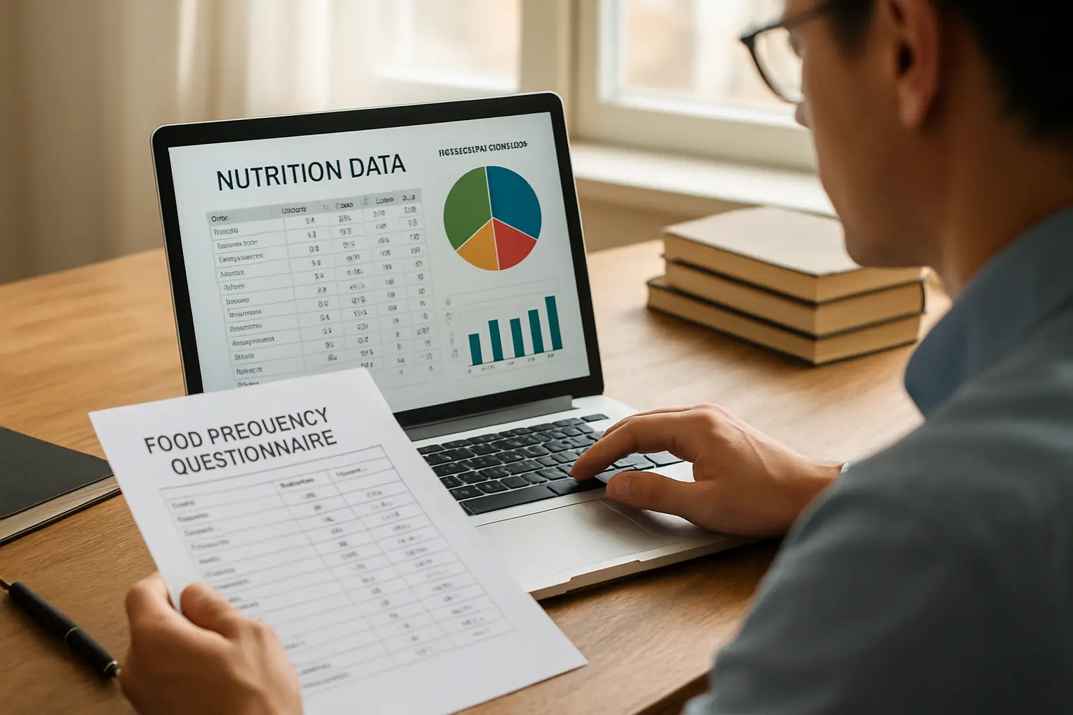 Investigador a analisar um questionário de frequência alimentar num portátil