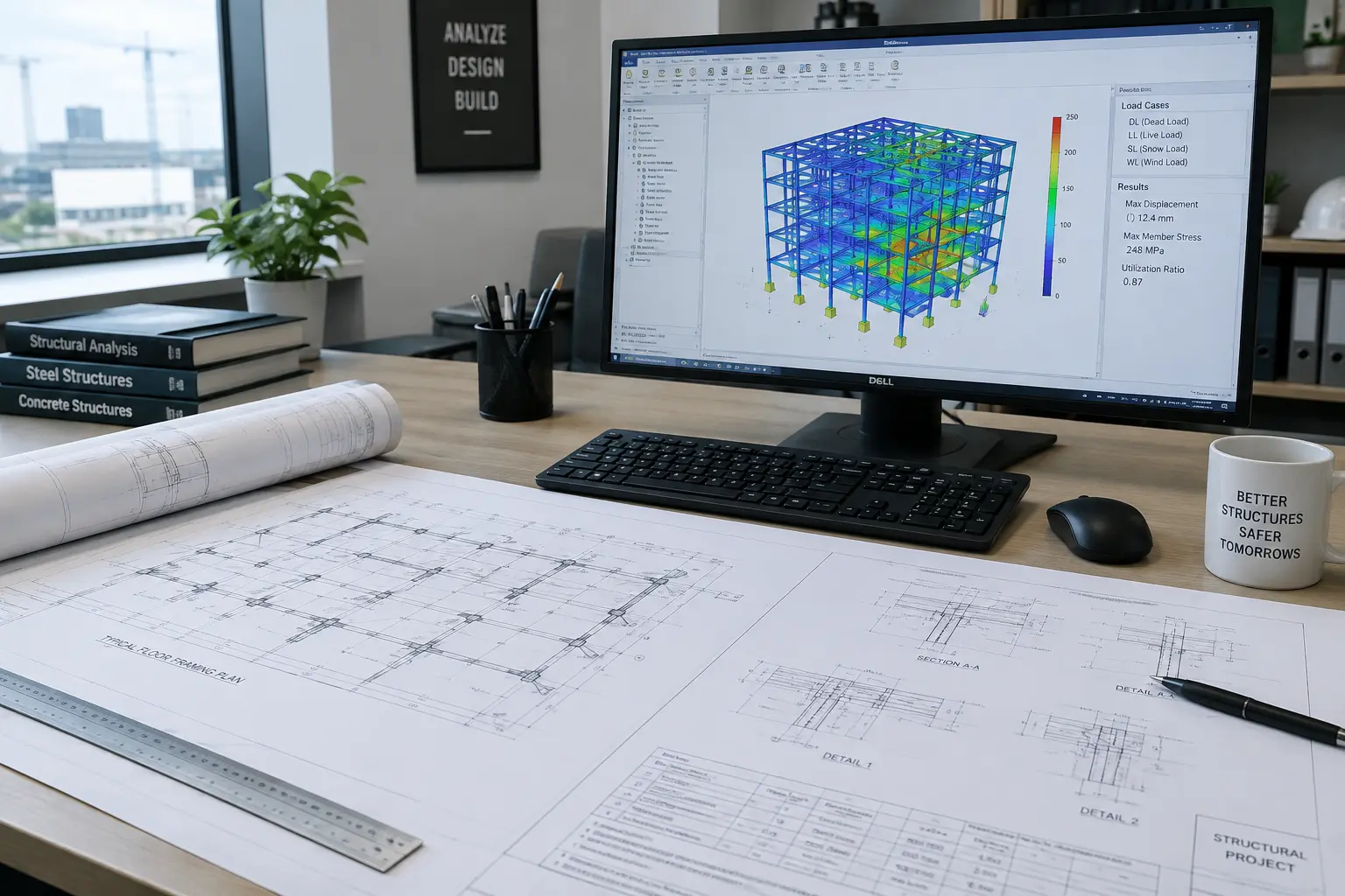 Mesa de gabinete de engenharia com plantas de projeto estrutural e um computador com software de cálculo