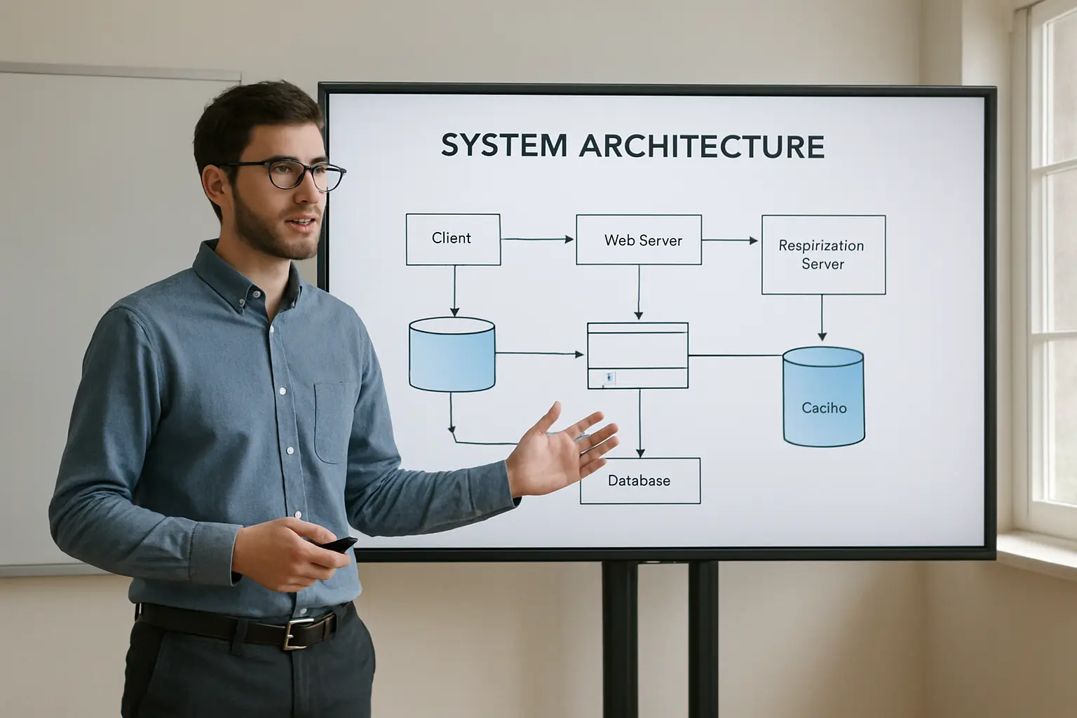 Estudante de engenharia informática a apresentar um diagrama de arquitetura de sistema numa tela