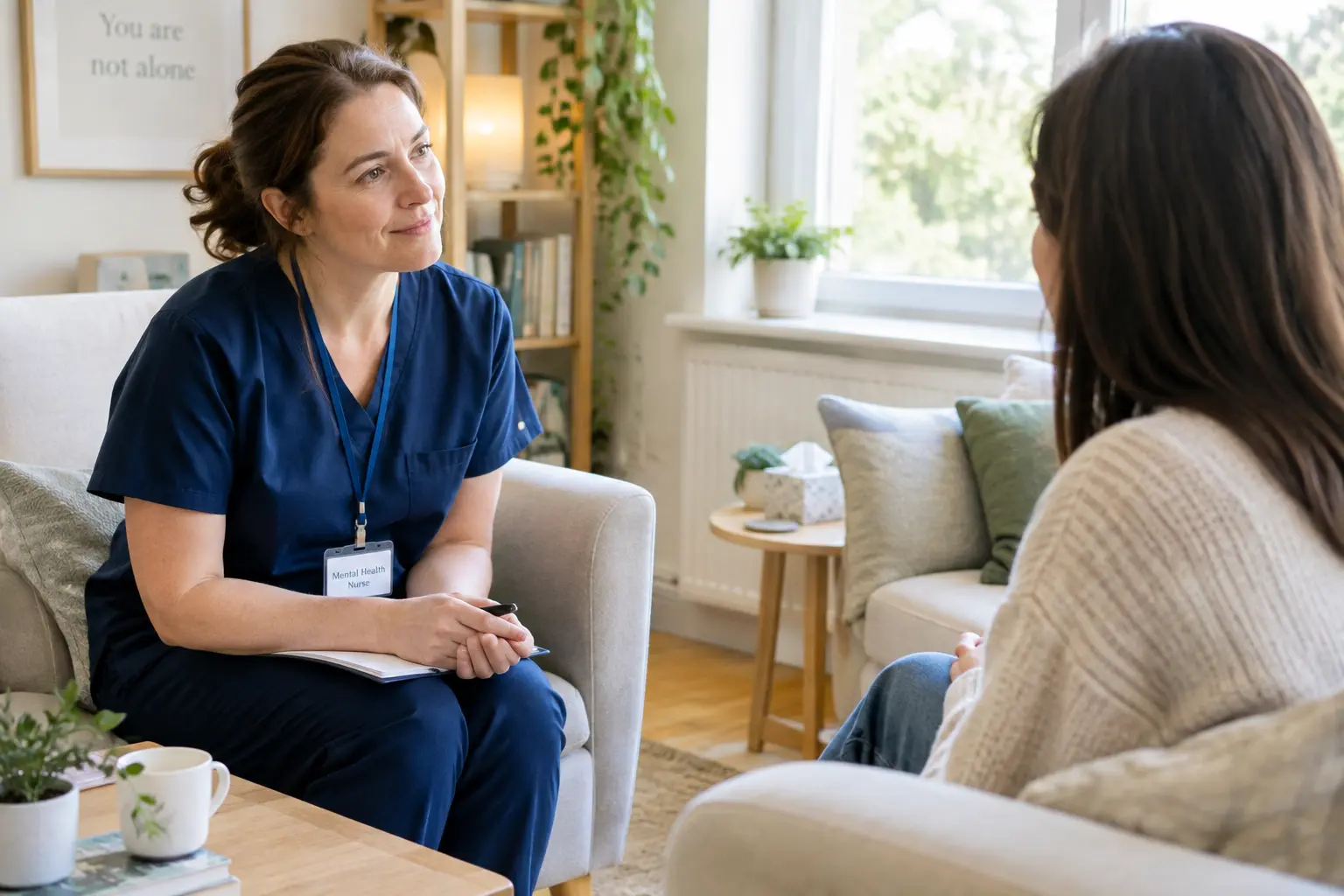 Enfermeiro de saúde mental numa conversa calma e de apoio com um utente numa sala de terapia