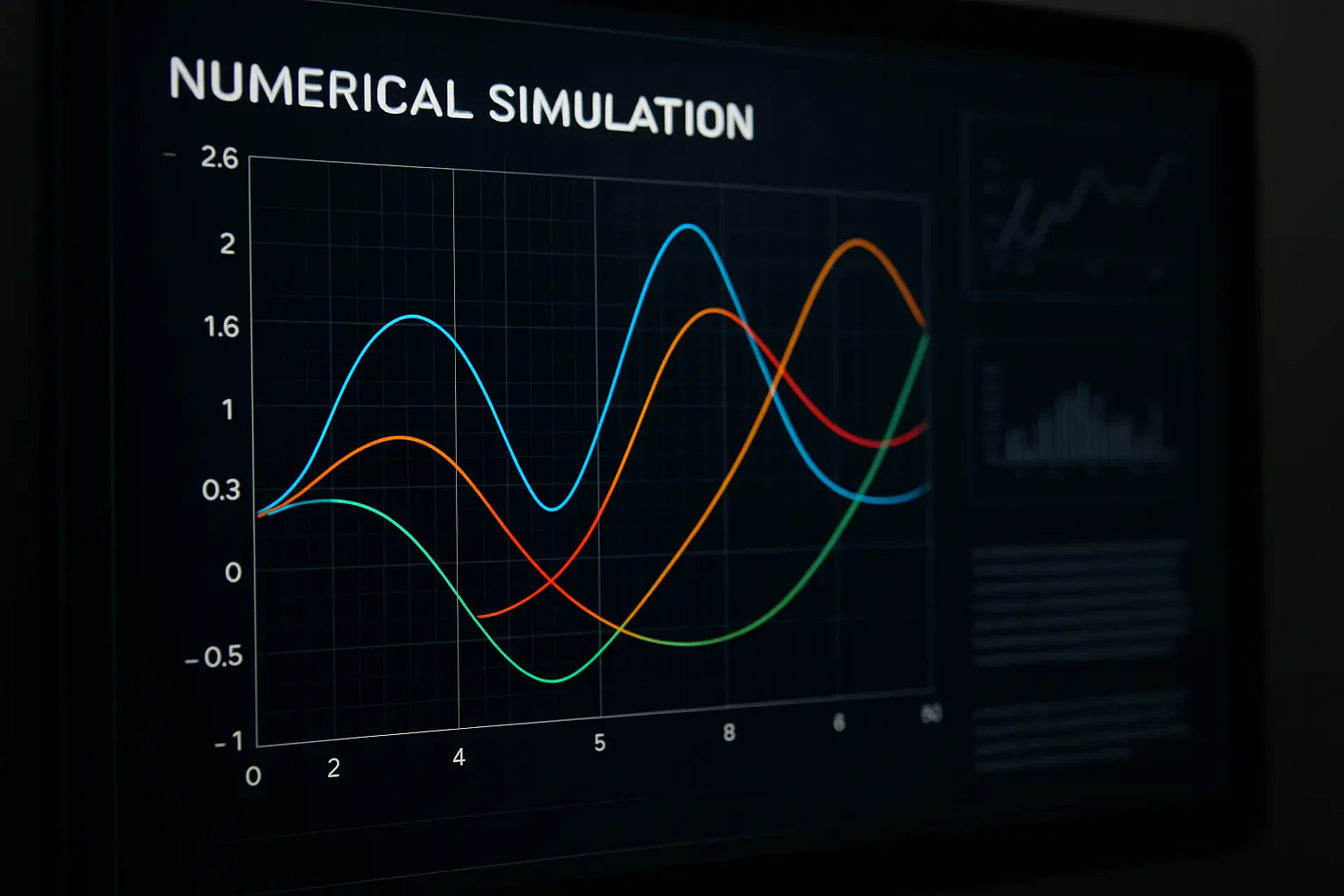 Gráfico de simulação numérica com curvas coloridas num ecrã de computador