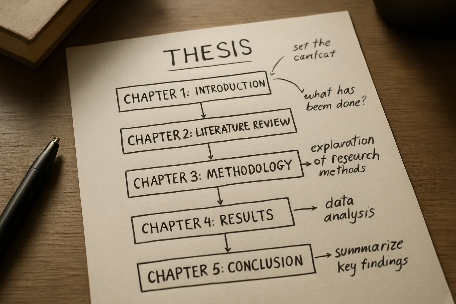 Diagrama anotado mostrando a estrutura de capítulos de uma tese com notas nas margens