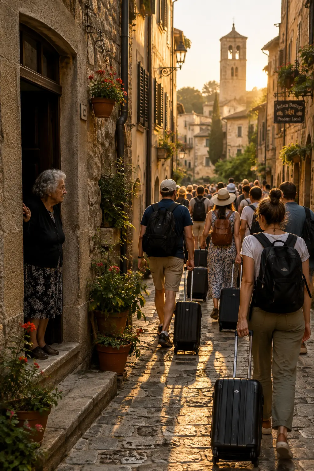 Residentes idosos numa rua histórica portuguesa cheia de turistas com malas