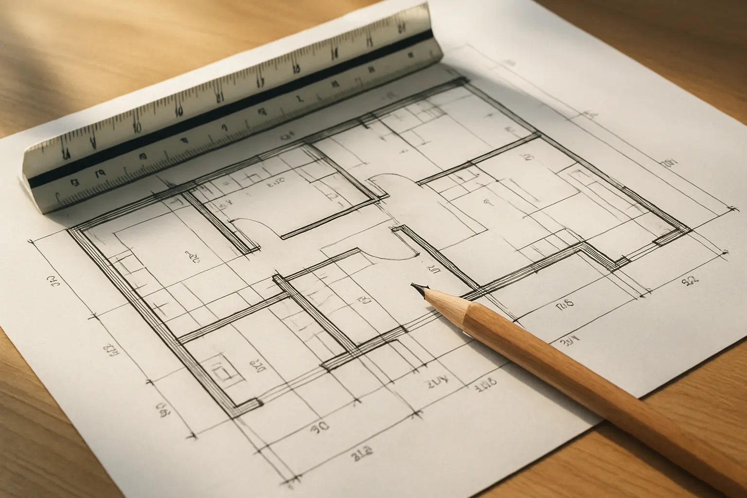 Planta técnica de arquitetura com régua de escala e lápis numa secretária de trabalho