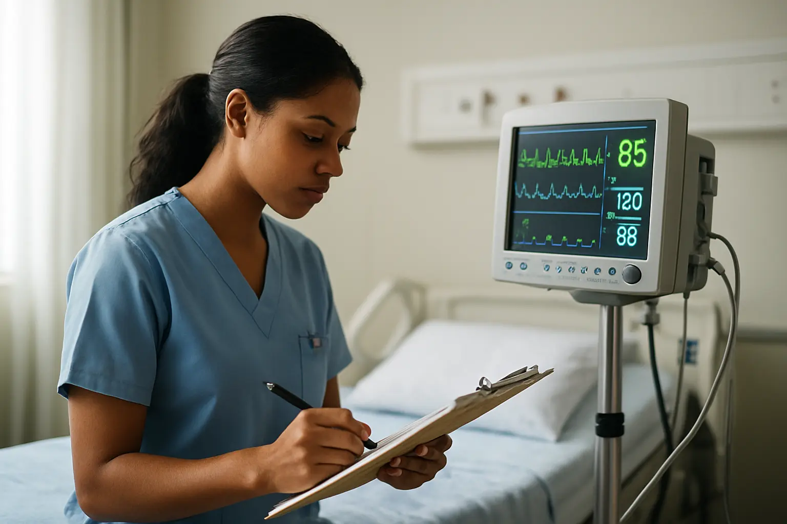 Estudante de enfermagem registrando notas clínicas junto ao leito do paciente e verificando o monitor de sinais vitais