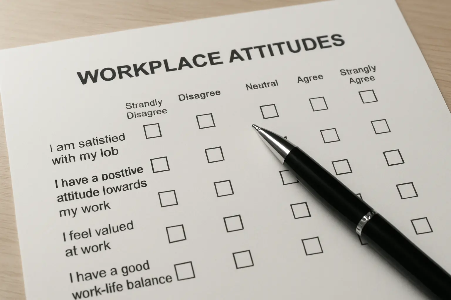 Questionário de escala Likert sobre atitudes no trabalho para investigação organizacional