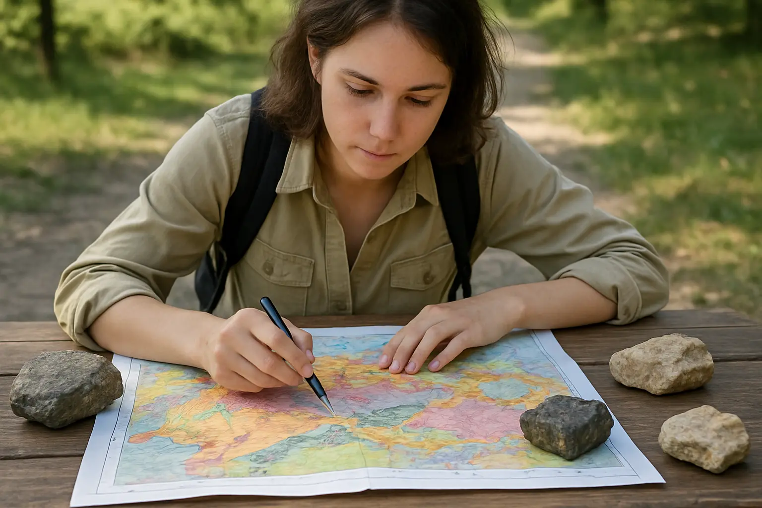 Estudante de geologia a analisar um mapa geológico e amostras de rocha numa mesa de trabalho