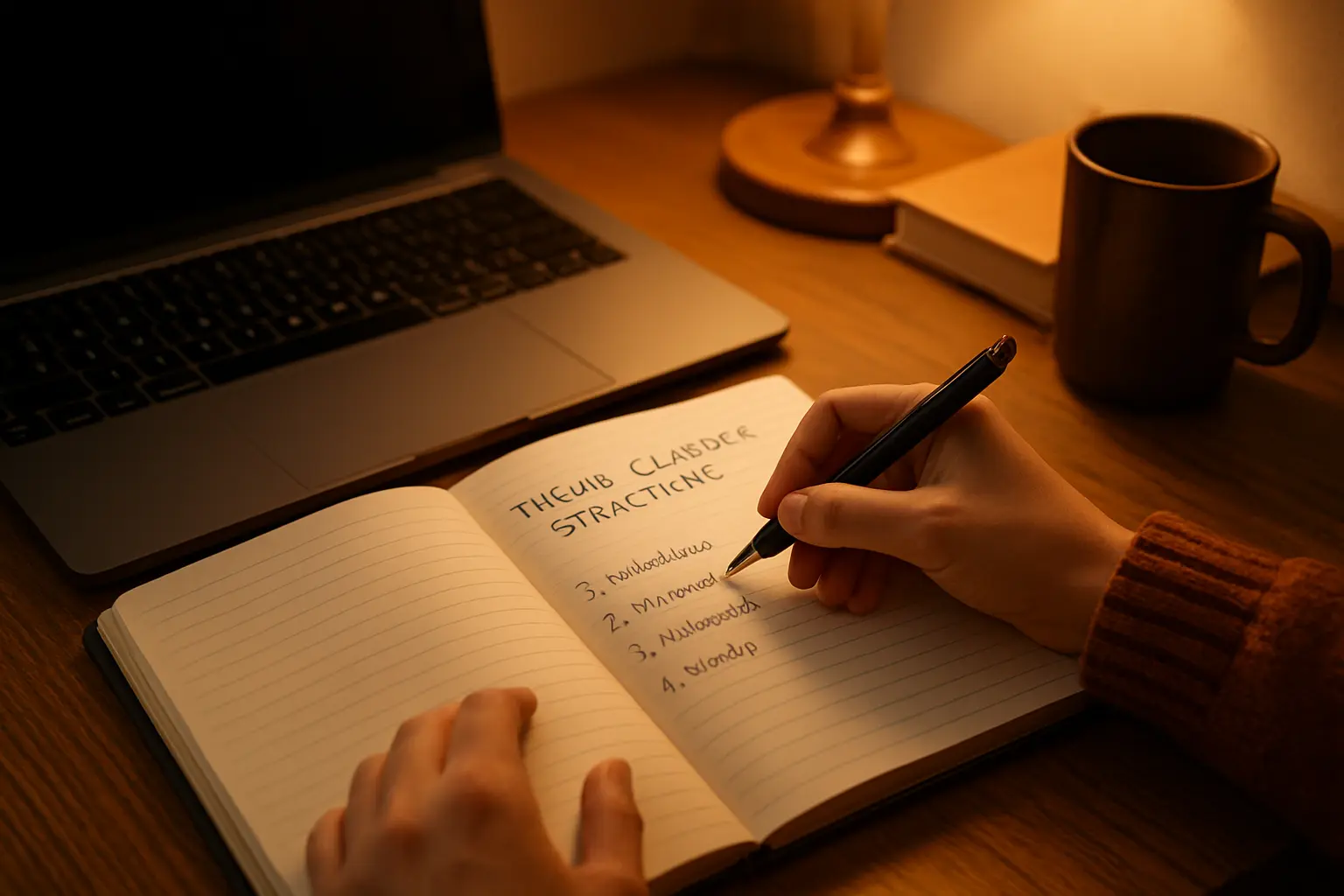 Pessoa a escrever notas num caderno junto a um portátil, planeando a estrutura de um capítulo de tese
