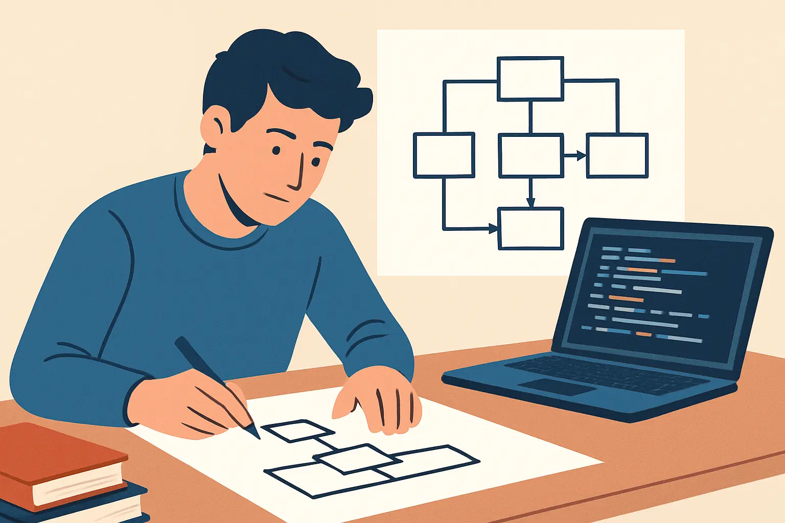 Estudante de Engenharia Informática a esboçar um diagrama de arquitetura de sistema em papel junto a um portátil com código