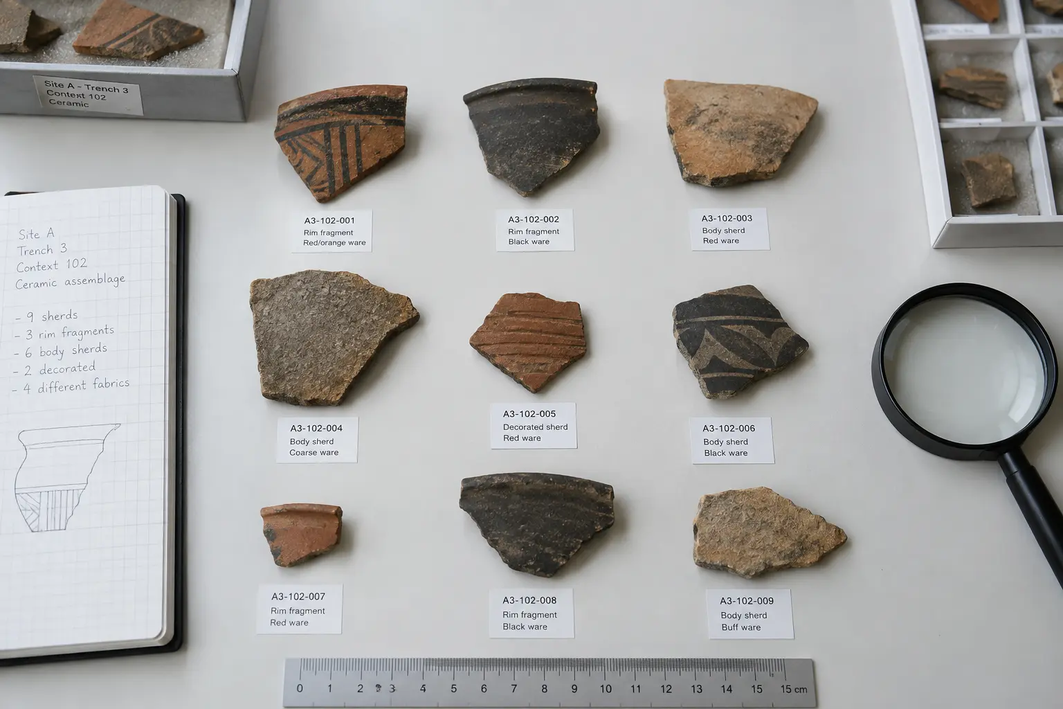 Fragmentos de cerâmica arqueológica organizados e etiquetados numa mesa de laboratório
