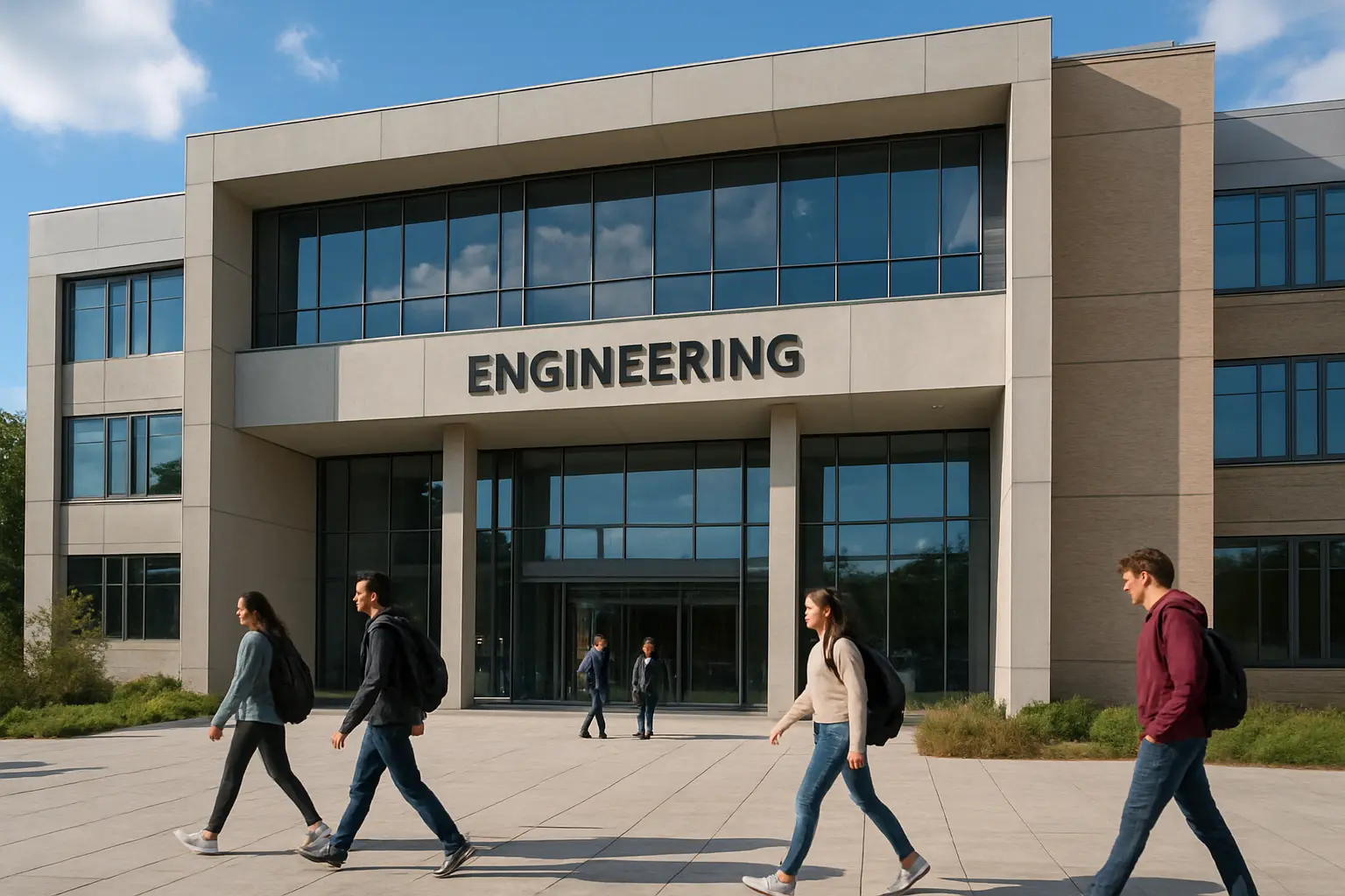 Fachada de um campus universitário de engenharia com estudantes a caminhar