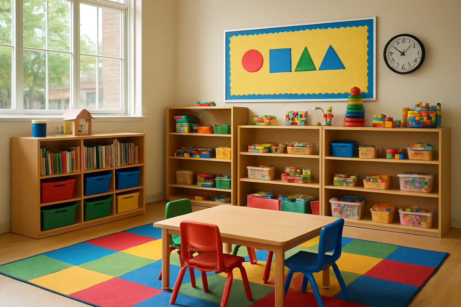 Sala de aula de educação infantil com materiais pedagógicos organizados em prateleiras