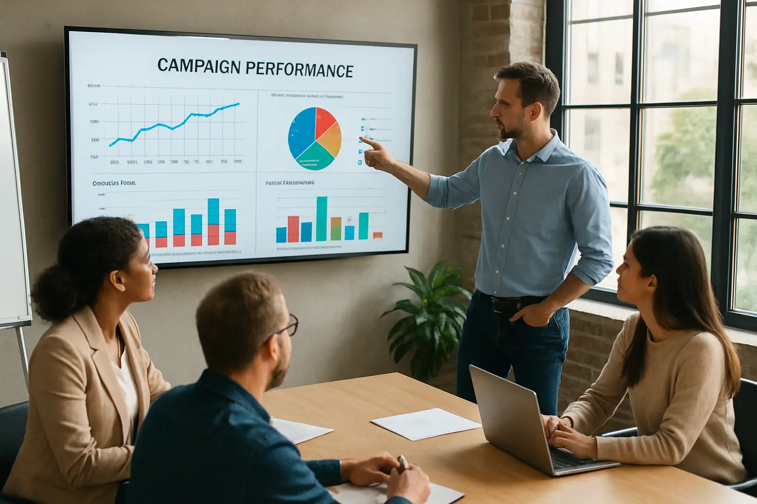 Equipa de marketing em reunião de planeamento de campanha com gráficos numa parede