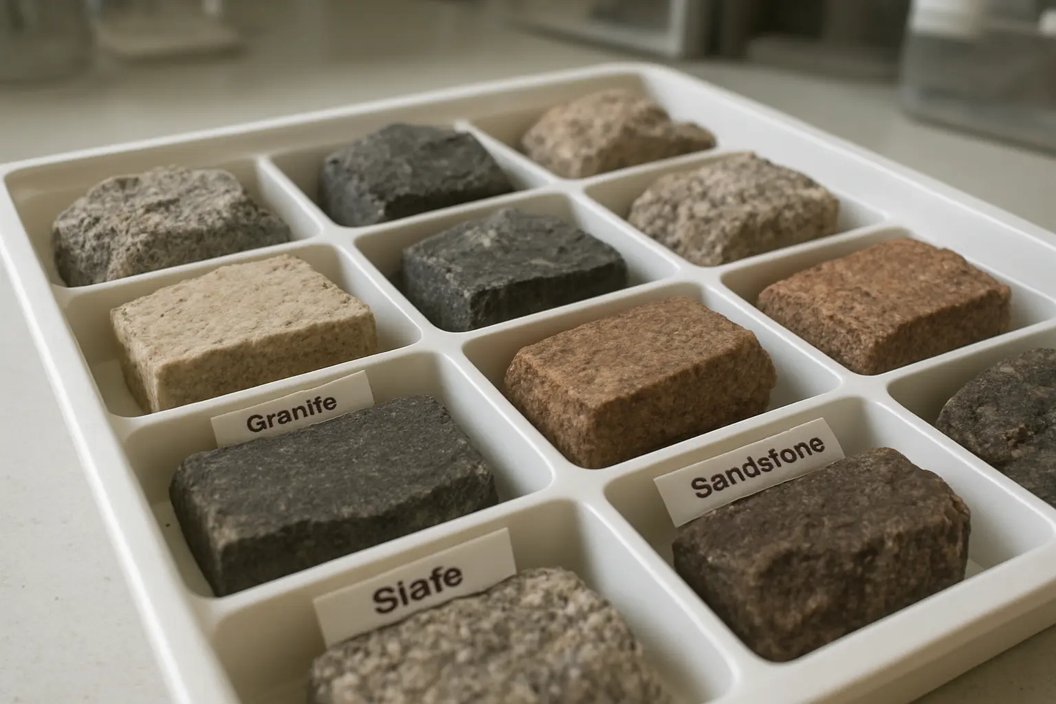 Amostras de rocha organizadas numa bandeja de laboratório de geologia