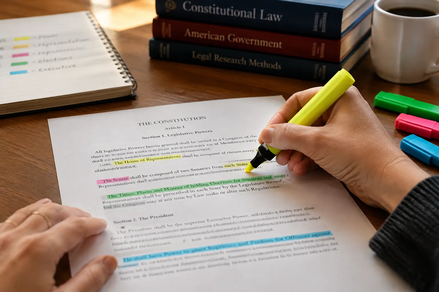 Mãos a destacar passagens de um documento com marcadores coloridos, representando a codificação de texto numa análise de conteúdo qualitativa