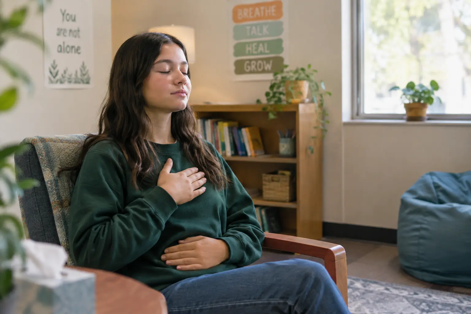 Adolescente a praticar um exercício de respiração calma numa sala de apoio escolar, representando uma intervenção de mindfulness para ansiedade social