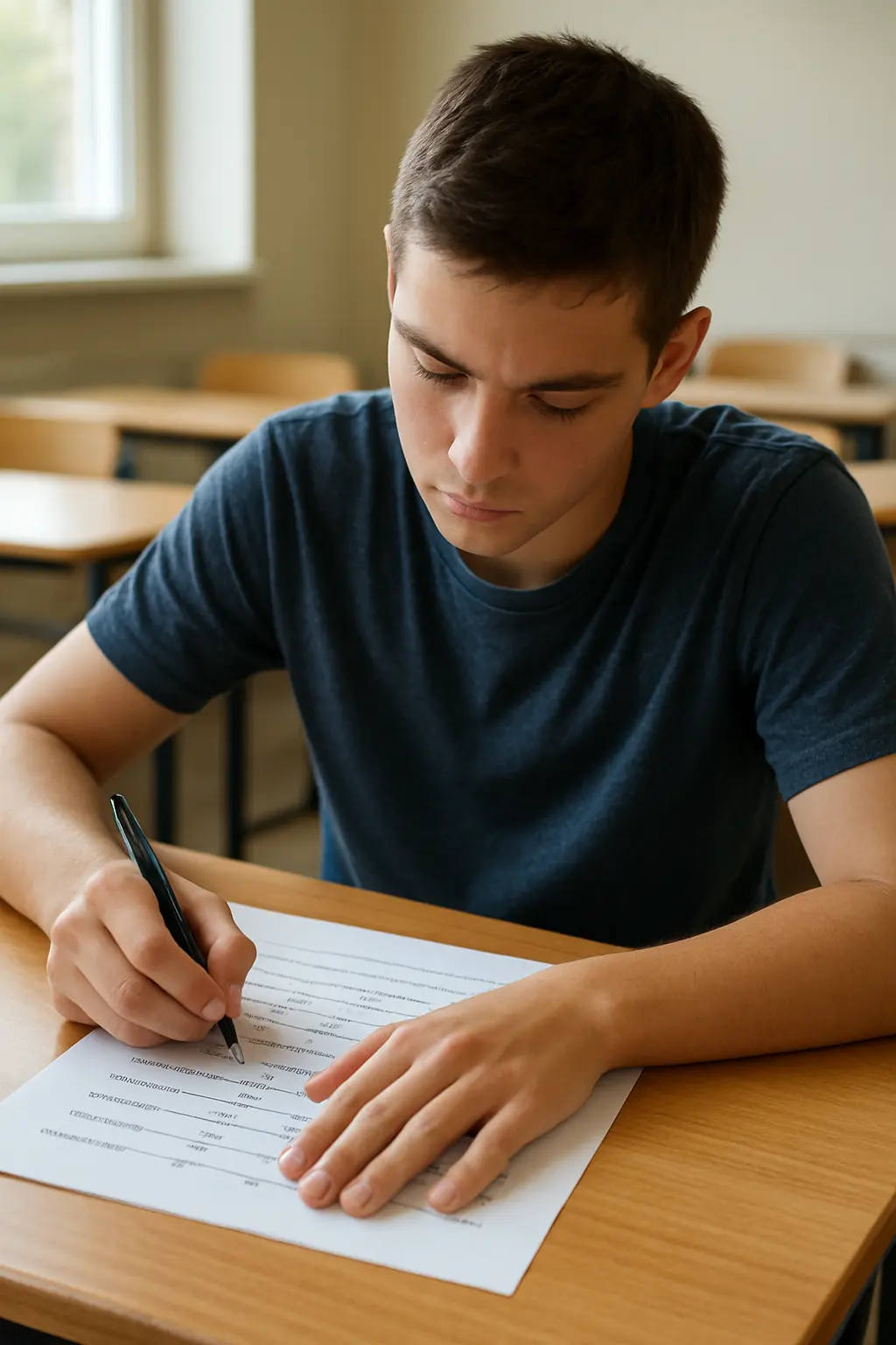 Aluno a preencher um questionário com escala Likert numa sala de aula